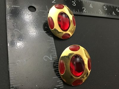 Vintage Gold-Tone and Red Cabochon Clip-On Earrings