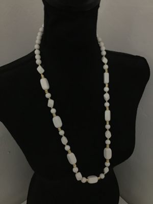 Vintage LR Signed White Beaded Necklace with Gold-Tone Accents
