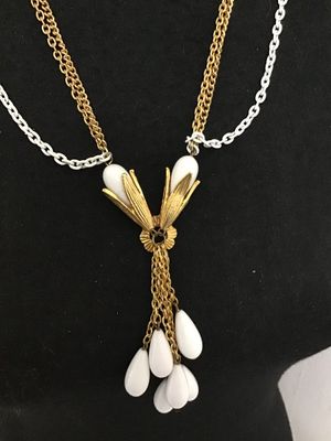 Vintage Gold Tone and White Enamel Multi-Chain Tassel Necklace