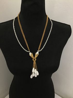 Vintage Gold Tone and White Enamel Multi-Chain Tassel Necklace