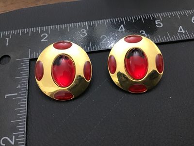 Vintage Gold-Tone and Red Cabochon Clip-On Earrings