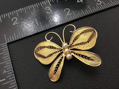 Vintage Napier Gold-Tone Filigree Butterfly Brooch with Faux Pearls