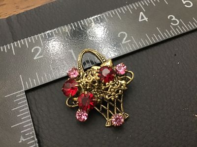 Vintage Gold Tone Flower Basket Brooch with Red and Pink Rhinestones