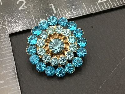 Vintage Gold Tone Blue Rhinestone Round Brooch Pin