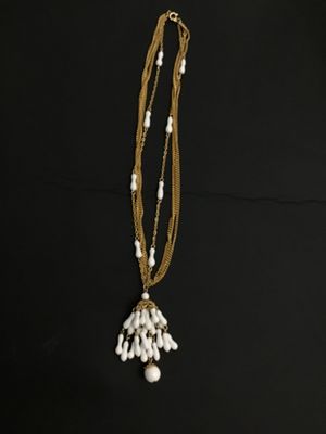 Vintage Gold-Tone Multi-Strand Necklace with White Milk Glass Tassel Pendant