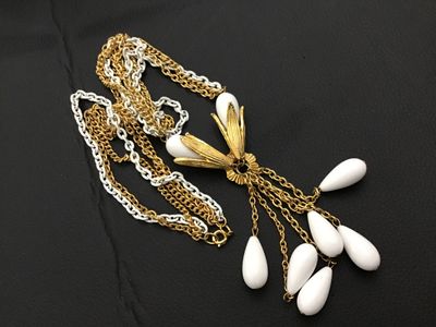 Vintage Gold Tone and White Enamel Multi-Chain Tassel Necklace