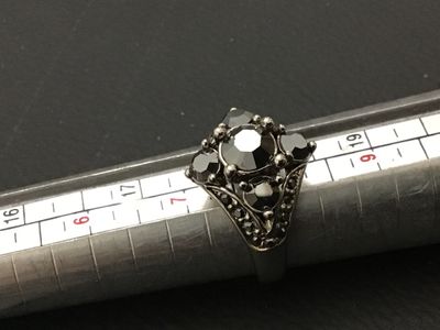 Vintage Style BlackMarcasite Rhinestone Statement Ring - Size 7