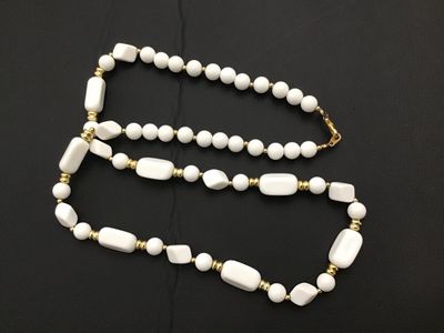 Vintage LR Signed White Beaded Necklace with Gold-Tone Accents