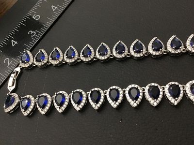 Faux Sapphire and Rhinestone Teardrop Halo Necklace