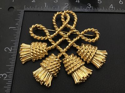 Vintage Gold-Tone Tassel Knot Brooch Pin Statement