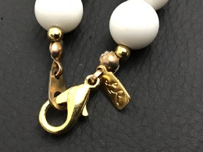 Vintage LR Signed White Beaded Necklace with Gold-Tone Accents
