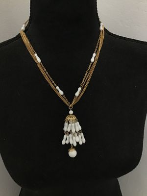 Vintage Gold-Tone Multi-Strand Necklace with White Milk Glass Tassel Pendant