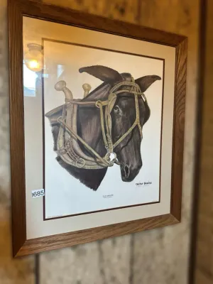 Framed and matted limited edition print titled "Old Maude" by Dexter Bowles, depicting a harnessed mule, housed in a rustic...