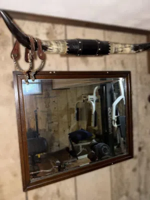 Vintage steer horn wall mount with a black leather center wrap, displayed above a simple dark wood-framed wall mirror.