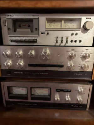 Vintage audio stack featuring a TEAC CX-310 stereo cassette deck, a Kensonic Accuphase C-200 stereo control amplifier, and an Accuphase...