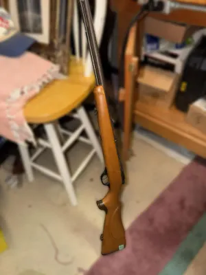 Vintage bolt-action rifle with a light-colored wooden stock, showing some wear on the metal barrel.