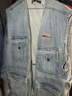Vintage Tommy Sport light-wash denim utility vest featuring multiple cargo pockets and embroidered chest logo.