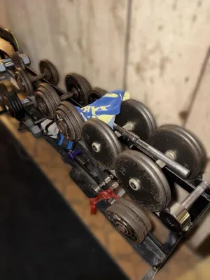 Vintage cast iron dumbbell set on a black metal storage rack, showing some surface wear and rust from use.