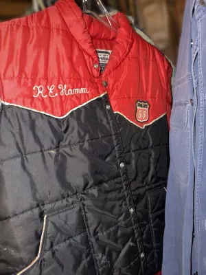 Vintage Yamaha brand quilted vest in red and black, featuring a Phillips 66 patch and personalized "R.E. Hamm" embroidery.