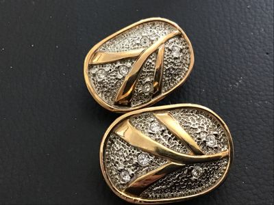 Vintage Two-Tone Gold and Silver Textured Clip-On Earrings with Rhinestones