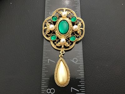 Vintage Gold-Tone Faux Emerald and Pearl Dangle Brooch 1928
