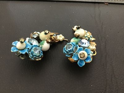 Vintage Blue Enamel and Rhinestone Floral Clip-On Earrings