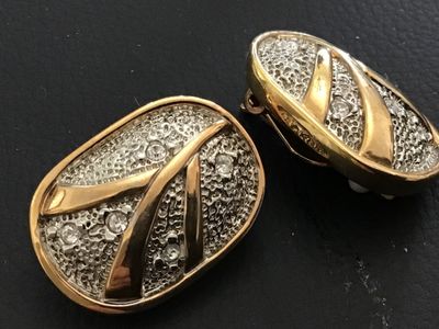 Vintage Two-Tone Gold and Silver Textured Clip-On Earrings with Rhinestones