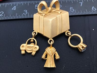 Vintage Gold-Tone Gift Box Brooch with Charms