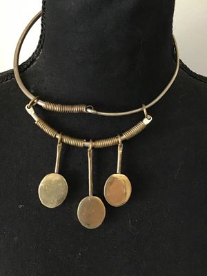 Vintage Brutalist Brass Collar Necklace with Raw Stone Pendants