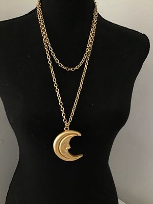 Vintage Gold Tone Man in the Moon Double Chain Pendant Necklace