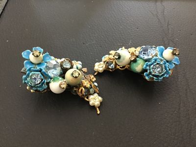 Vintage Blue Enamel and Rhinestone Floral Clip-On Earrings