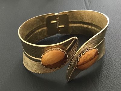Vintage Gold-Tone Bypass Feather Cuff Bracelet with Faux Tiger's Eye Stones