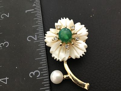 Vintage Carved White Flower Brooch with Green Cabochon and Faux Pearl
