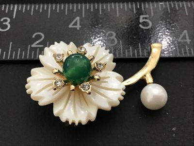 Vintage Carved White Flower Brooch with Green Cabochon and Faux Pearl