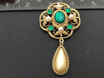Vintage Gold-Tone Faux Emerald and Pearl Dangle Brooch 1928