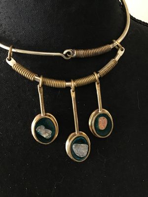 Vintage Brutalist Brass Collar Necklace with Raw Stone Pendants