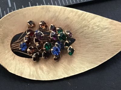 Vintage Gold-Tone Textured Leaf Brooch with Multi-Color Rhinestones