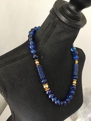 Vintage Cobalt Blue Faux Glass and Gold-Tone Bead Necklace
