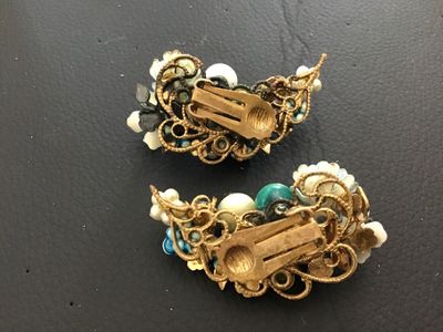 Vintage Blue Enamel and Rhinestone Floral Clip-On Earrings