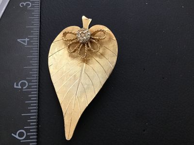 Vintage Gold-Tone Leaf Brooch with Rhinestone Flower Detail