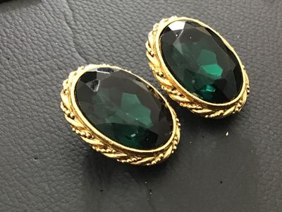 Vintage Gold Tone Oval Clip-On Earrings with Large Faceted Green Stones