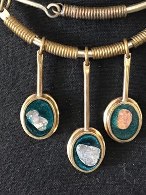 Vintage Brutalist Brass Collar Necklace with Raw Stone Pendants