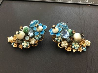 Vintage Blue Enamel and Rhinestone Floral Clip-On Earrings
