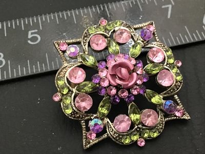 Vintage Rhinestone and Enamel Rose Brooch