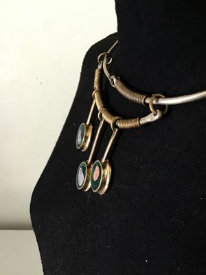 Vintage Brutalist Brass Collar Necklace with Raw Stone Pendants