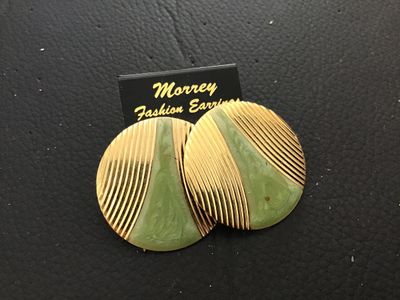 Vintage Morrey Fashion Earrings - Gold Tone & Green Enamel