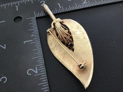 Vintage Gold-Tone Textured Leaf Brooch with Multi-Color Rhinestones