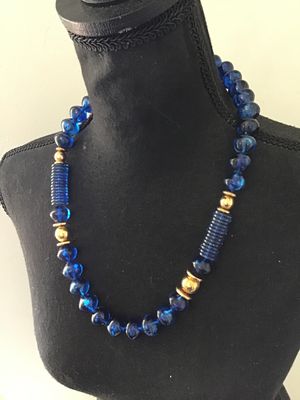 Vintage Cobalt Blue Faux Glass and Gold-Tone Bead Necklace