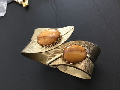 Vintage Gold-Tone Bypass Feather Cuff Bracelet with Faux Tiger's Eye Stones