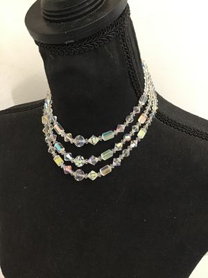 Vintage 3-Strand Aurora Borealis Crystal Bead Necklace
